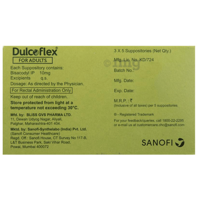 Buy DULCOFLEX 10MG SUPPOSITORY FOR ADULTS - 5'S Online & Get Upto