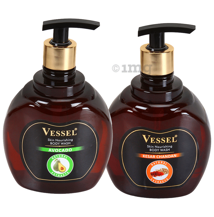 Vessel Combo Pack of Natural Extracts Skin Nourishing Body Wash Gel with Kesar Chandan and Avocado (500ml Each)