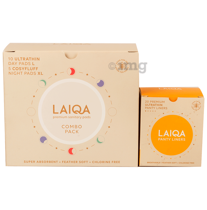 Laiqa Combo Pack of Premium Sanitary Pads (10 Ultrathin Day Large & 5 Cosyfluff Night XL) with 20 Premium Ultrathin Panty Liners