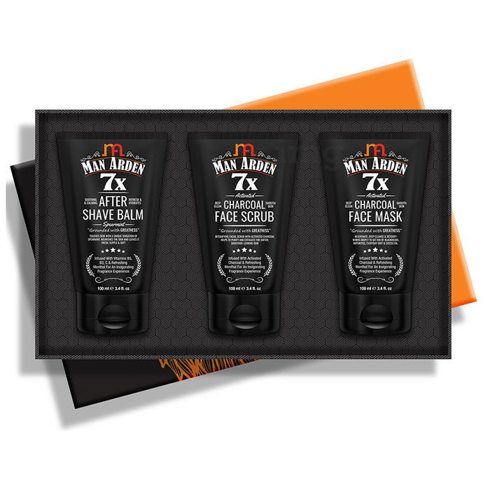 Man Arden Grooming Essentials Kit (7X After Shave Balm + Charcoal Face Scrub + Charcoal Face Mask, 100ml Each)