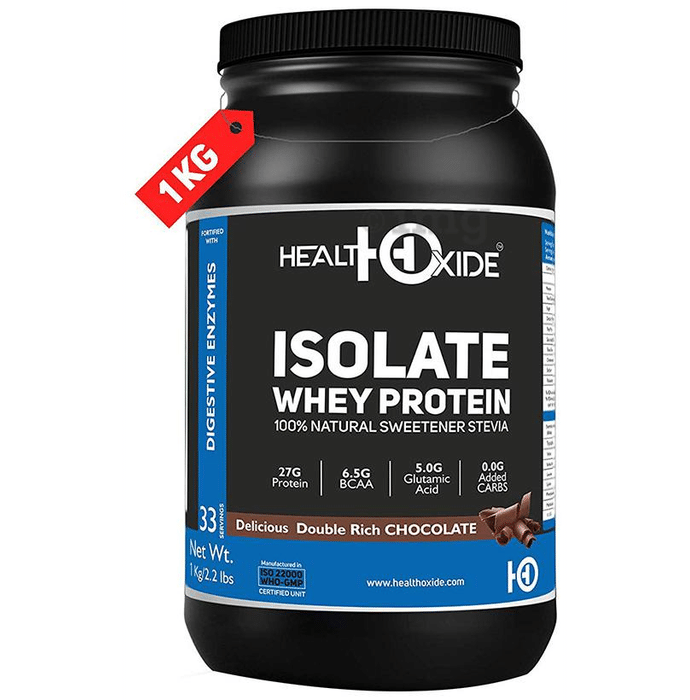 HealthOxide Isolate Whey Protein 100% Natural Sweetener Stevia with Digestive Enzymes Delicious Double Rich Chocolate