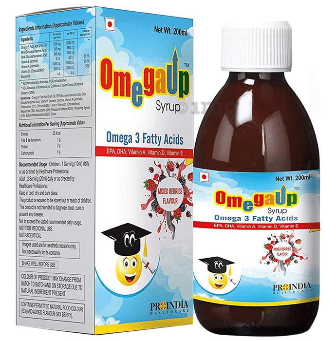 Proindia Healthcare Omegaup | With Omega 3 Fatty Acids, EPA, DHA, Vitamin A, D & E | Flavour Mixed Berry Syrup