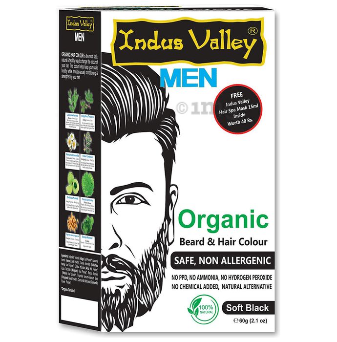 Indus Valley Soft Black Organic Men Beard & Hair Colour with Free Hair Spa Mask 15ml