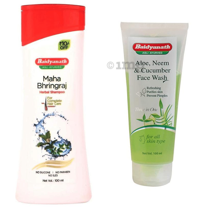 Baidyanath (Jhansi) Combo Pack of  Maha Bhringraj Herbal Shampoo 100ml & Aloe, Neem & Cucumber Face Wash 100ml