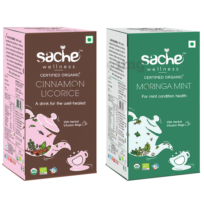 Sache Wellness Combo Pack of Organic Cinnamon Licorice  & Moringa Mint Infusion Bags (25 Each)
