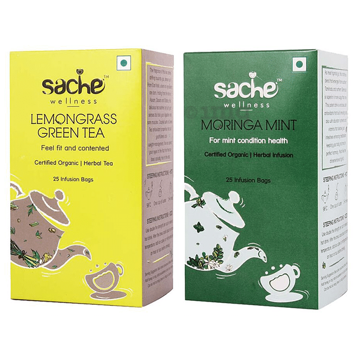 Sache Wellness Combo Pack of Organic Lemongrass Green Tea & Moringa Mint Infusion Bags (25 Each)