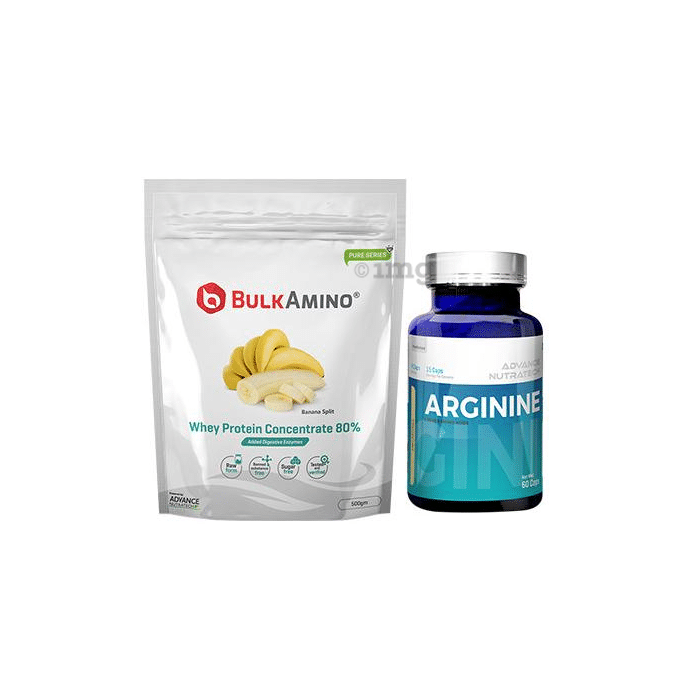Advance Nutratech Combo of BulkAmino Whey Protein Concentrate 80% Banana Split  500gm Supplement Powder and Arginine Aminos Pre-Workout 60 Capsules