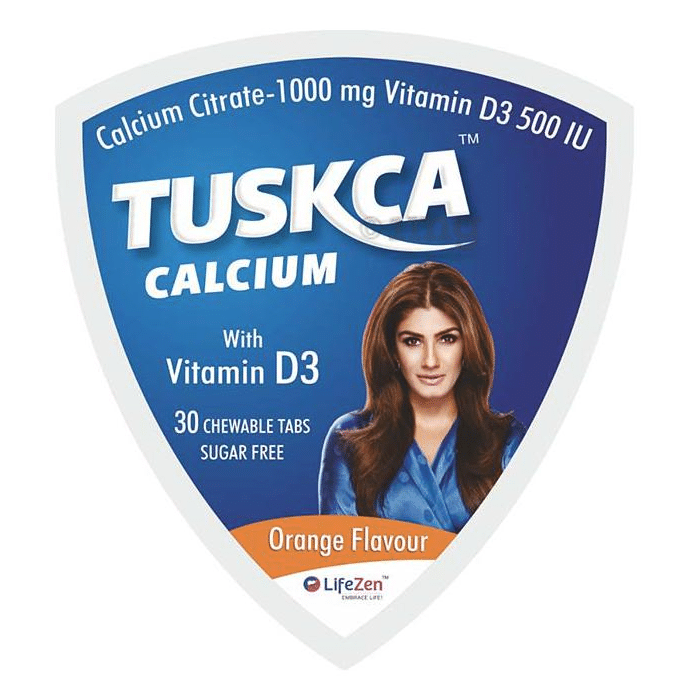 Tuskca Calcium with Vitamin D3 (500 IU) | Sugar Free | Flavour Orange Chewable Tablet