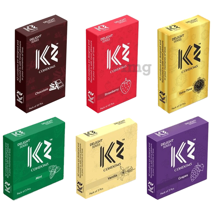 K2 Combo Pack of Dotted Condom Chocolate,Strawberry,Extra Time(10Pc Each) Mint,Vanilla,Grapes(3pc Each)