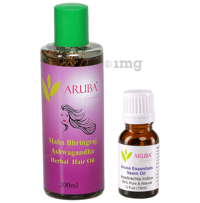 Aruba Essentials Combo Pack of  Maha Bhringraj, Ashwagandha Herbal Hair Oil 200ml and Neem Oil 15ml