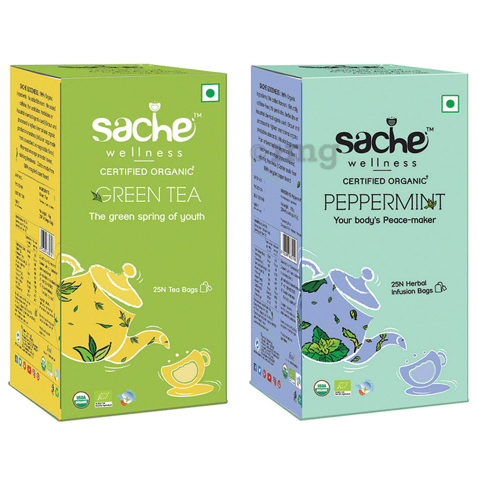 Sache Wellness Combo Pack of Organic Green Tea 25 Tea Bags & Peppermint 25 Herbal Infusion Bags