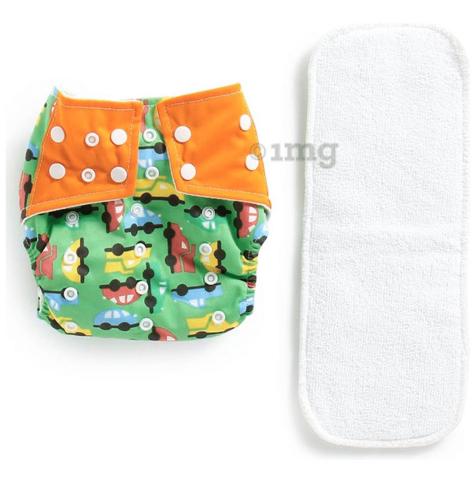 Polka Tots Green Reusable & Washable White Cloth Diaper with 1 Diaper Liner and Size Adjustable Snap Buttons