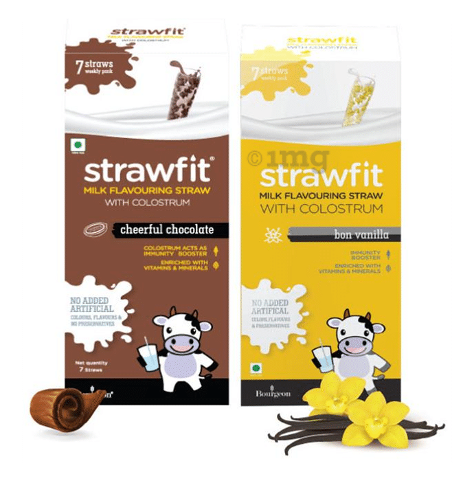 Strawfit Milk Flavouring Straw with Colostrum Cheerful Chocolate & Bon Vanilla Pack 7+7