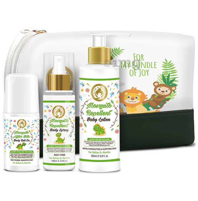 Mom & World Gentle Mosquito Repellent Combo (Mosquito After Bite Body Roll-On 50ml, Mosquito Repellent Body Spray 100ml and Mosquito Repellent Body Lotion 200ml) with Pouch