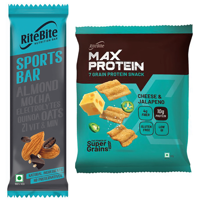 RiteBite Nutrition Sports Bar 40gm with Max Protein Cheese & Jalapeno 60gm Chips Free