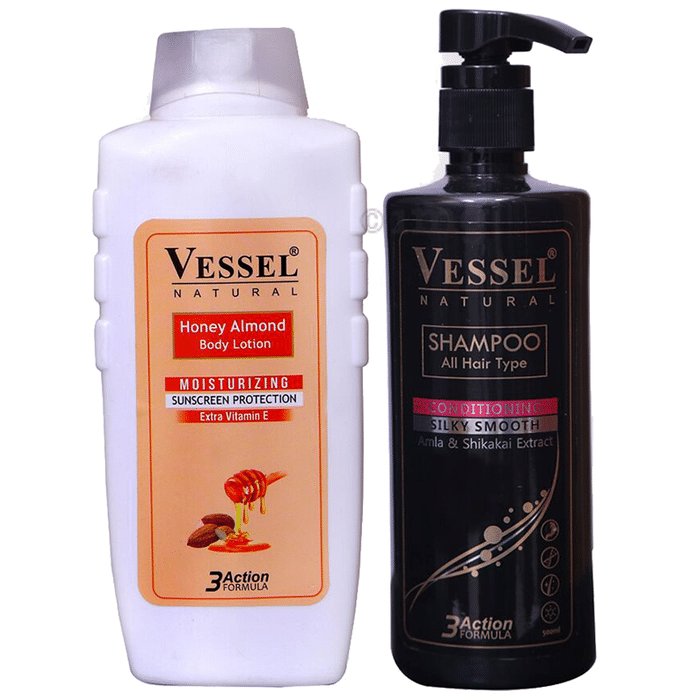 Vessel Combo Pack of Honey Almond Moisturizing Body Lotion 650ml and 3 Action Formula Shampoo with Conditioner 500ml
