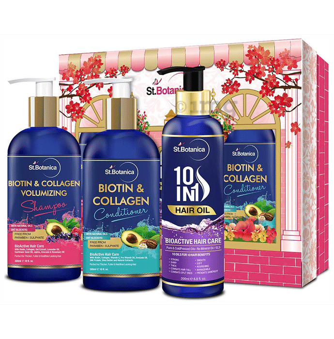 St.Botanica Combo Pack of Biotin & Collagen Shampoo 300ml, Biotin & Collagen Conditioner 300ml and 10 in 1 Hair Oil 200ml