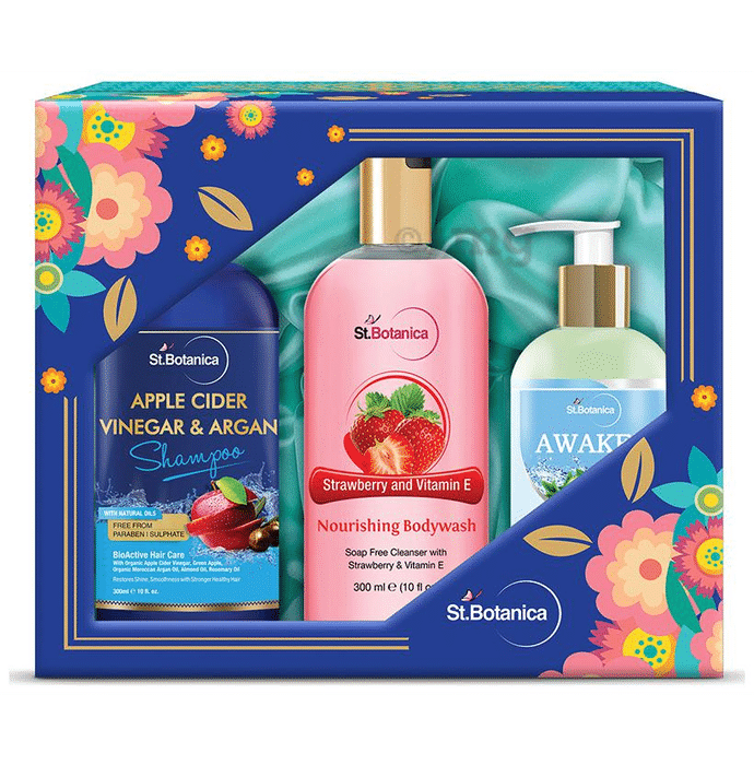 St.Botanica Body Kit (Apple Cider Vinegar and Argan Shampoo + Strawberry & Vitamin E Shower Gel + Awaken Cleanser)