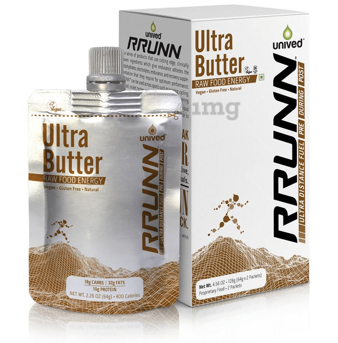 Unived Rrunn Ultra Butter, Portable Energy Peanut Butter & Cashew Butter Squeeze 64gm Sachet