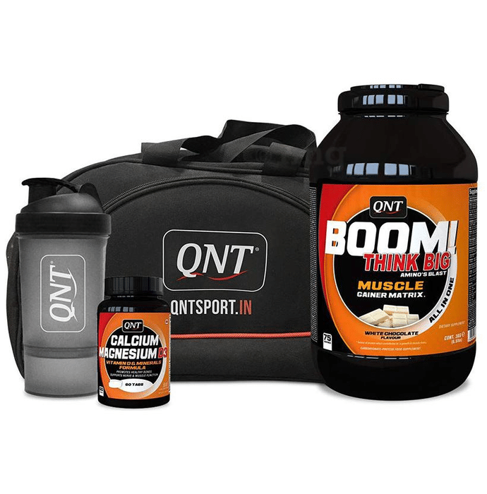 QNT Combo Pack of Boom Muscle Gainer, Calcium Magnesium D3 60 Tablets, Shaker and Bag
