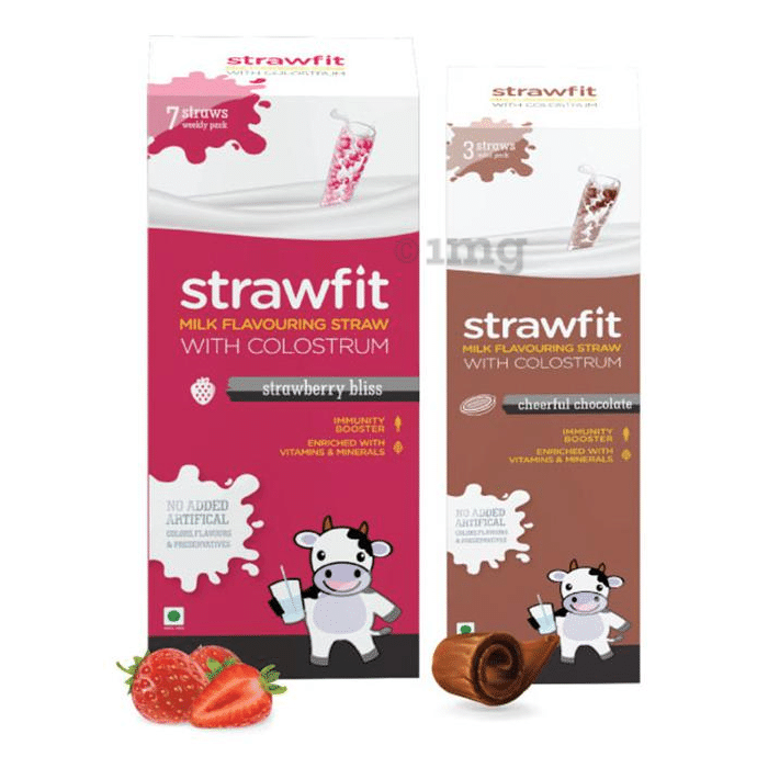 Strawfit Milk Flavouring Straw with Colostrum Strawberry Bliss & Cheerful Chocolate Pack 7+3