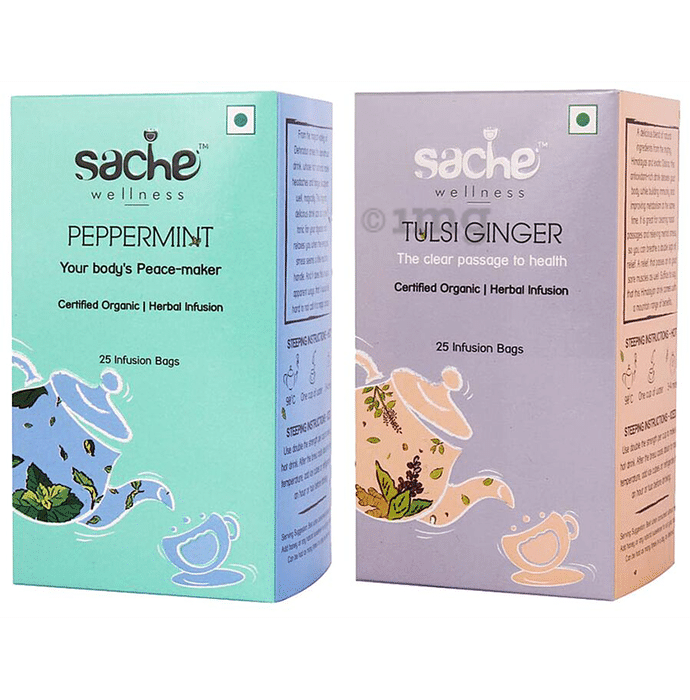 Sache Wellness Combo Pack of Organic Peppermint 25 Infusion Bags & Tulsi Ginger 25 Infusion Bags