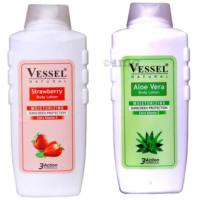 Vessel Combo Pack of Natural Moisturizing Body Lotion with Sunscreen Protection Strawberry and Aloe Vera (650ml Each)