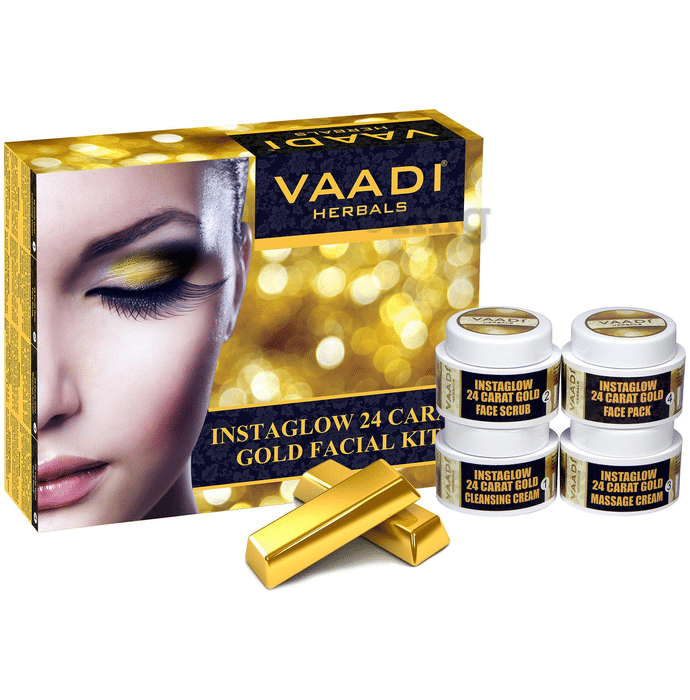 Vaadi Herbals Gold Facial Kit - 24 Carat Gold Leaves, Marigold & Wheatgerm Oil, Lemon Peel Extract 70gm
