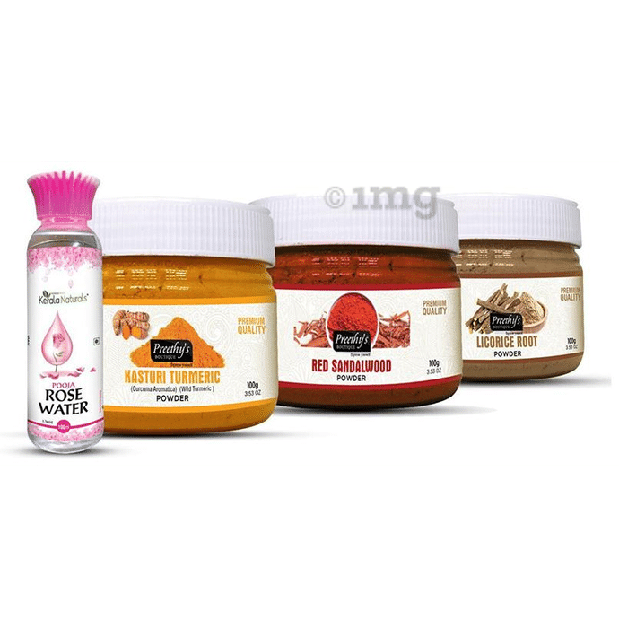 Preethy's Boutique Combo Pack of Kasturi Turmeric Powder, Red Sandalwood Powder, Licorice Root Powder (100gm Each) and Rose Water 100ml