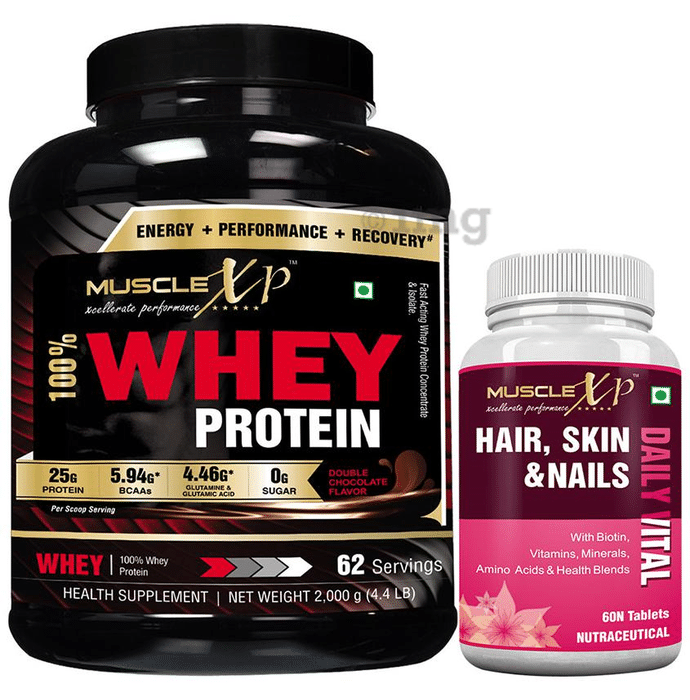 MuscleXP 100% Whey Protein  2Kg, Double Chocolate with MuscleXP Hair, Skin & Nails Advanced Multivitamin 60 Tablets