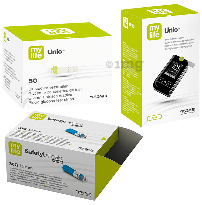 My life Combo Pack of Unio Blood Glucose Monitoring System Glucometer with 10 Strips, Blood Glucose 50 Test Strips & 30G 1.2mm 100 Safety Lancets Comfort