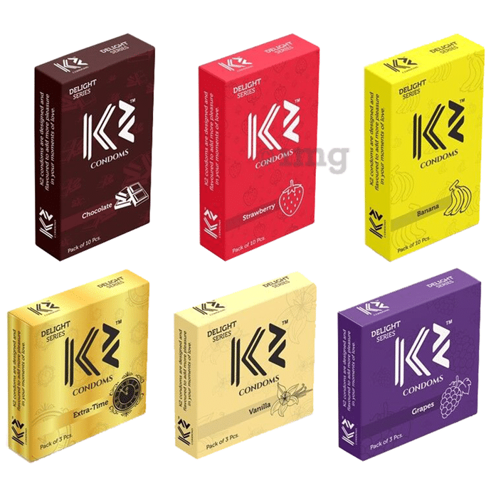 K2 Combo Pack of Dotted Condom Chocolate,Strawberry,Banana(10Pc Each) Extra Time,Vanilla,Grapes(3pc Each)