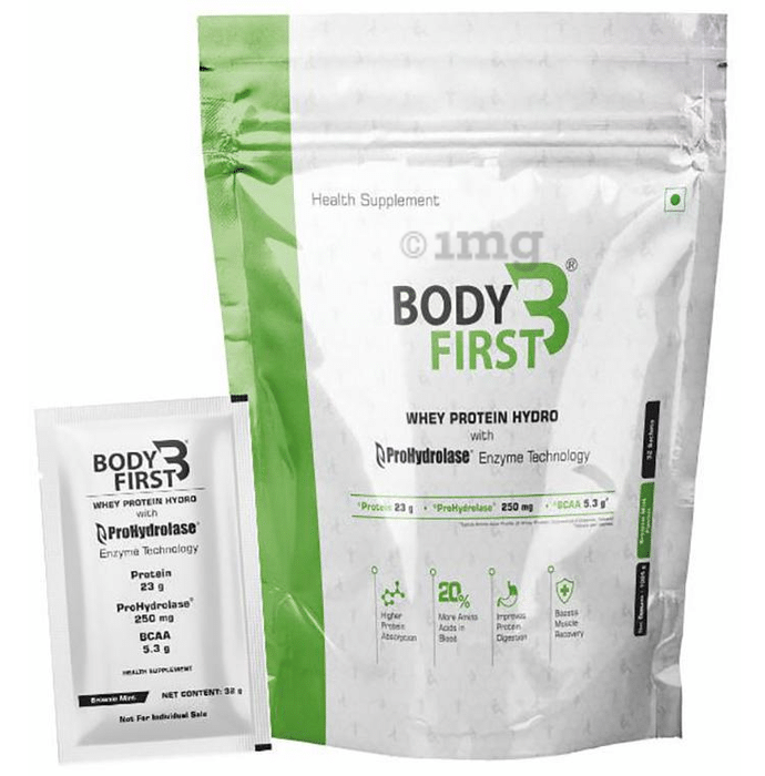 Body First Whey Protein Hydro with Prohydrolase Enzyme Technology Sachet (32gm Each) Brownie Mint