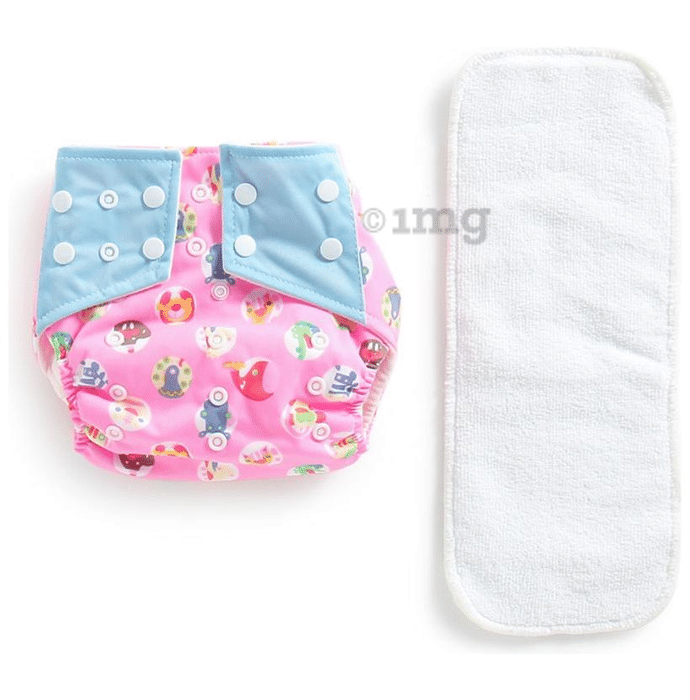 Polka Tots Pink Reusable & Washable White Cloth Diaper with 1 Diaper Liner and Size Adjustable Snap Buttons