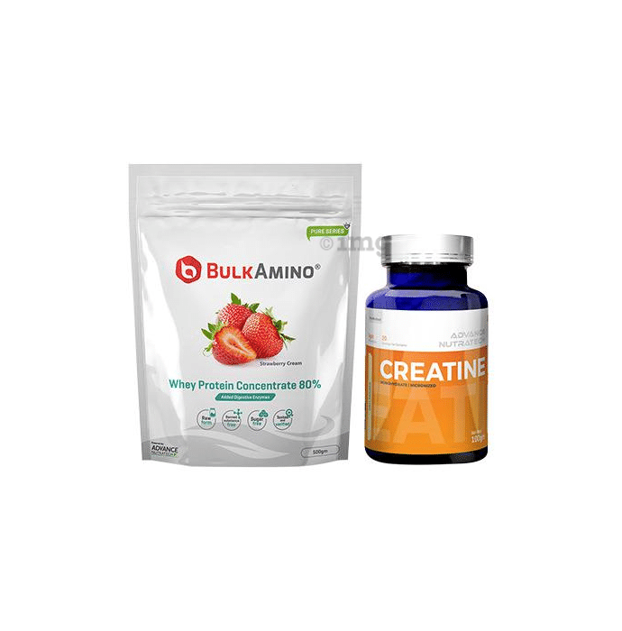 Advance Nutratech Combo of BulkAmino Whey Protein Concentrate 80% Strawberry Cream 500gm Supplement Powder & Creatine Monohydrate Unflavored 100gm
