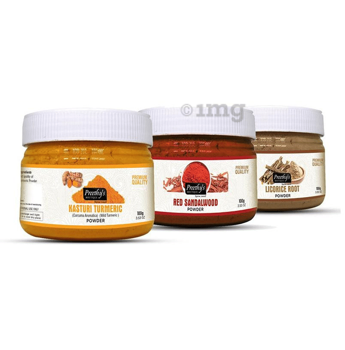Preethy's Boutique Combo Pack of Kasturi Turmeric Powder, Red Sandalwood Powder and Licorice Root Powder (100gm Each)