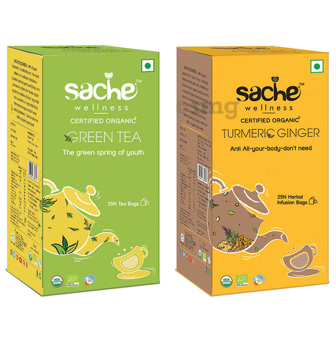 Sache Wellness Combo Pack of Organic Green Tea 25 Tea Bags & Turmeric Ginger 25 Herbal Infusion Bags