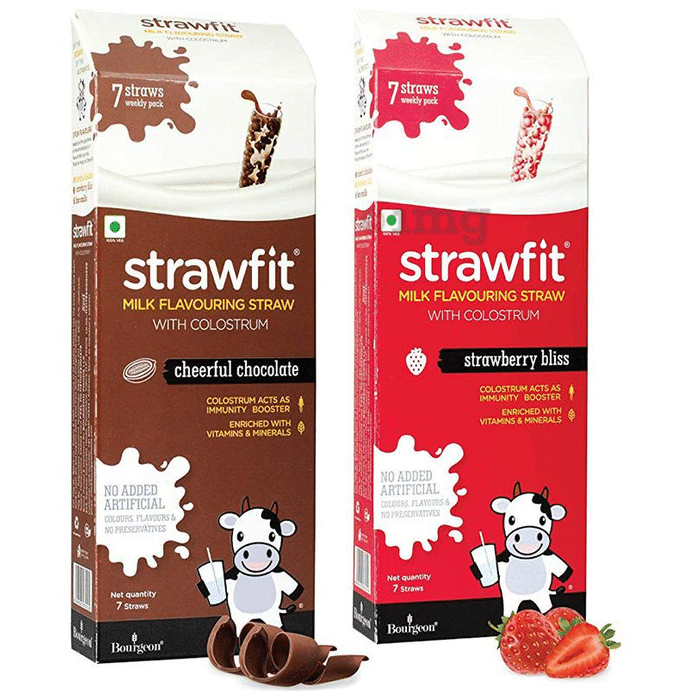 Strawfit Milk Flavouring Straw with Colostrum Cheerful Chocolate & Strawberry Bliss Pack 7+7