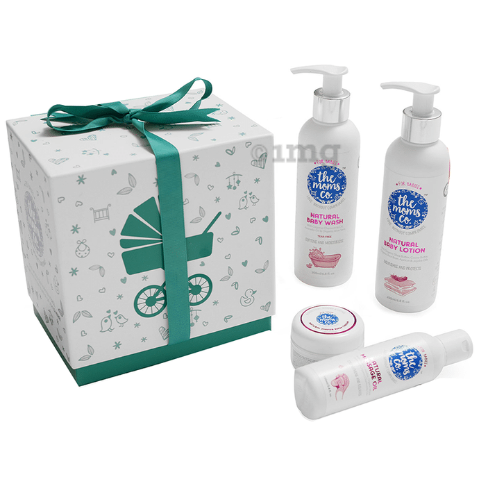 The Moms Co. Baby Must Have Ribbon Gift Box (Natural Baby Wash, Natural Baby Lotion, Natural Massage Oil, Natural Diaper Rash Cream)