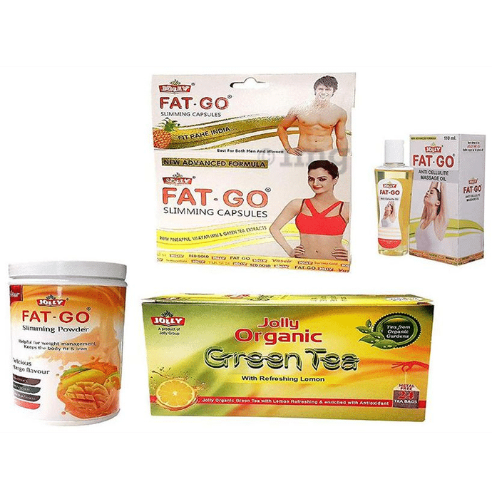 Jolly Combo Pack of Fat-Go Slimming Capsules, Powder, Massage Oil & Organic Green Tea