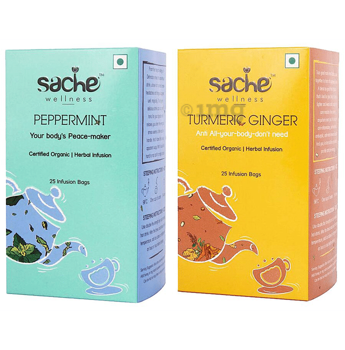 Sache Wellness Combo Pack of Organic Peppermint 25 Infusion Bags & Turmeric Ginger 25 Infusion Bags