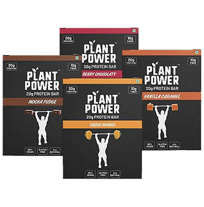 Plant Power 20gm Protein Bar (72gm Each) Variety Pack - Choco Mango + Berry Chocolaty + Vanilla Caramel + Mocha Fudge