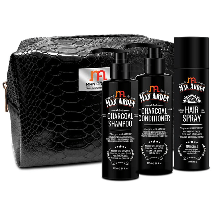 Man Arden Rippling Tresses Combo ( Hair Spray 180ml, Activated Charcoal Shampoo & Activated Charcoal Conditioner 200ml Each) with Pouch