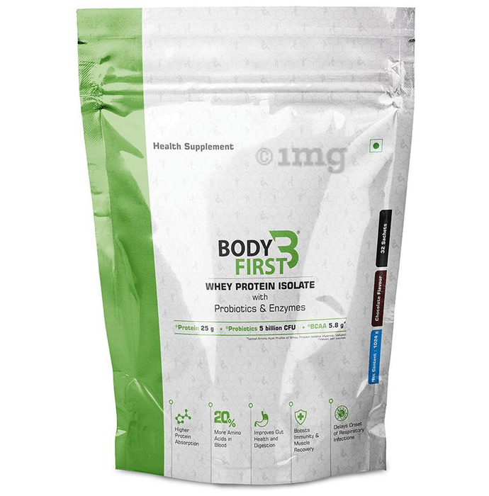 Body First Whey Protein Isolate with Probiotics and  Enzymes (32gm Each) Chocolate