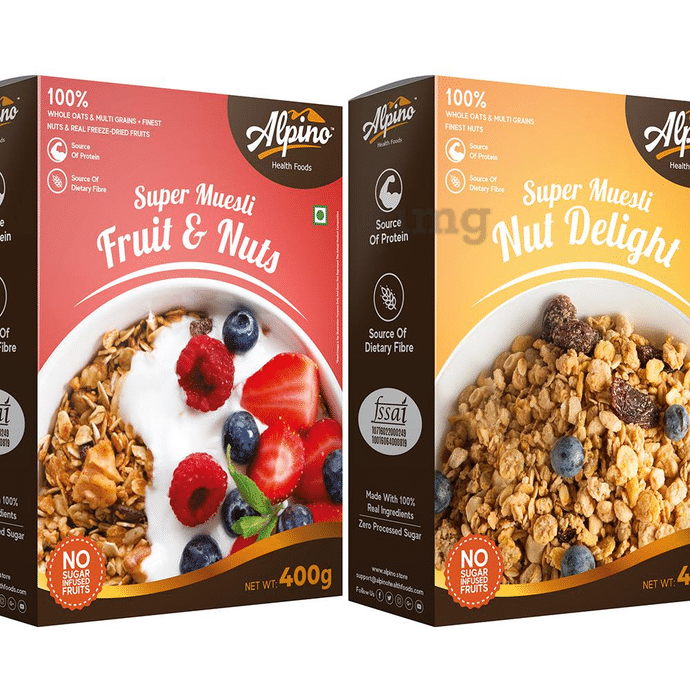 Alpino Combo Pack of Super Muesli Fruit & Nuts and Nut Delight (400gm Each)
