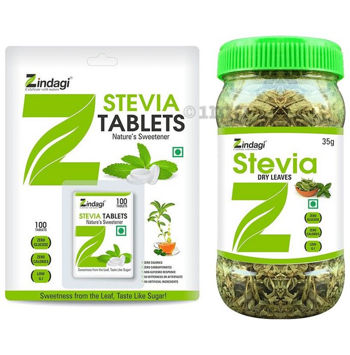 Zindagi Combo Pack of Stevia Tablets (100 Each) & Stevia Dry Leaves (35gm Each)