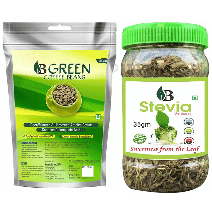 Livebasil Combo Pack of Green Coffee Beans 300gm & Stevia Dry Leaves 35gm