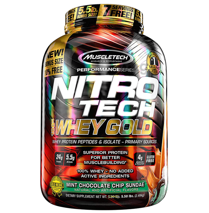 Muscletech Performance Series Nitro Tech 100% Whey Gold Whey Protein Peptides & Isolate Mint Chocolate Chip Sundae