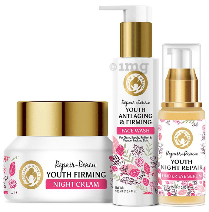 Mom & World Renew Plus Repair Combo (Youth Firming Night Cream 50gm, Youth Anti Aging & Firming Face Wash 100ml and Youth Night Repair Under Eye Serum 25ml)
