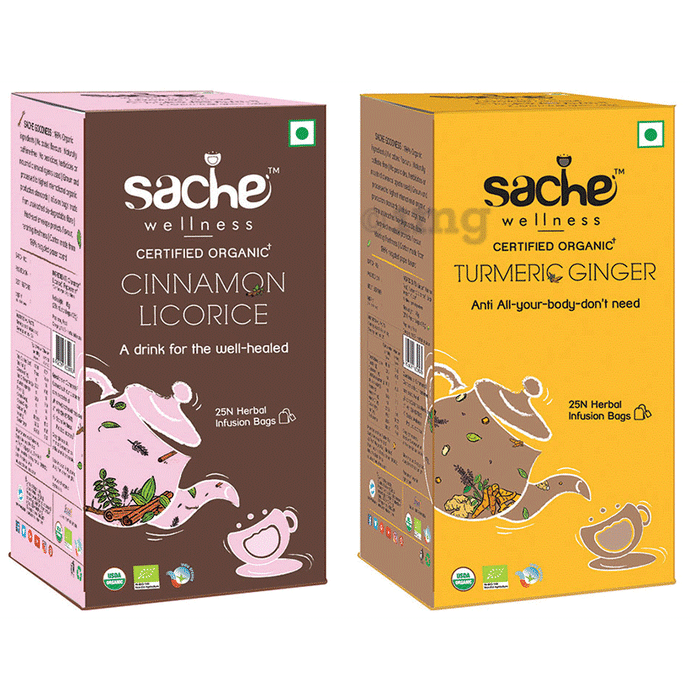 Sache Wellness Combo Pack of Organic Cinnamon Licorice 25 Herbal Infusion Bags & Turmeric Ginger 25 Herbal Infusion Bags